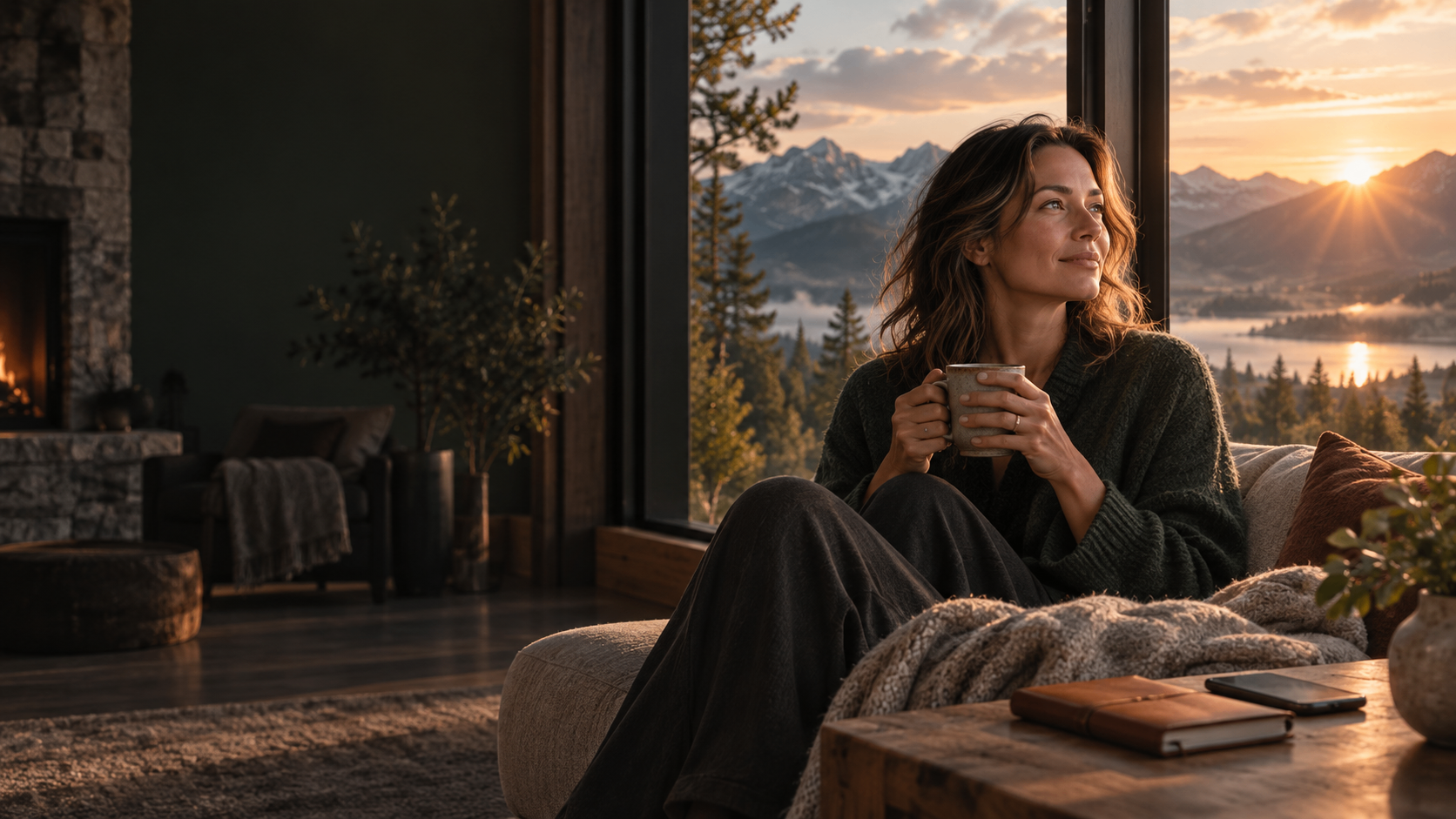 A woman sitting in warm morning window light, looking out in quiet reflection
