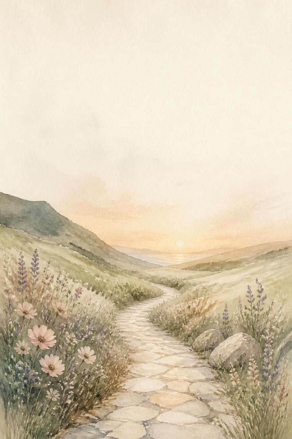 A quiet path winding through wildflowers toward the horizon