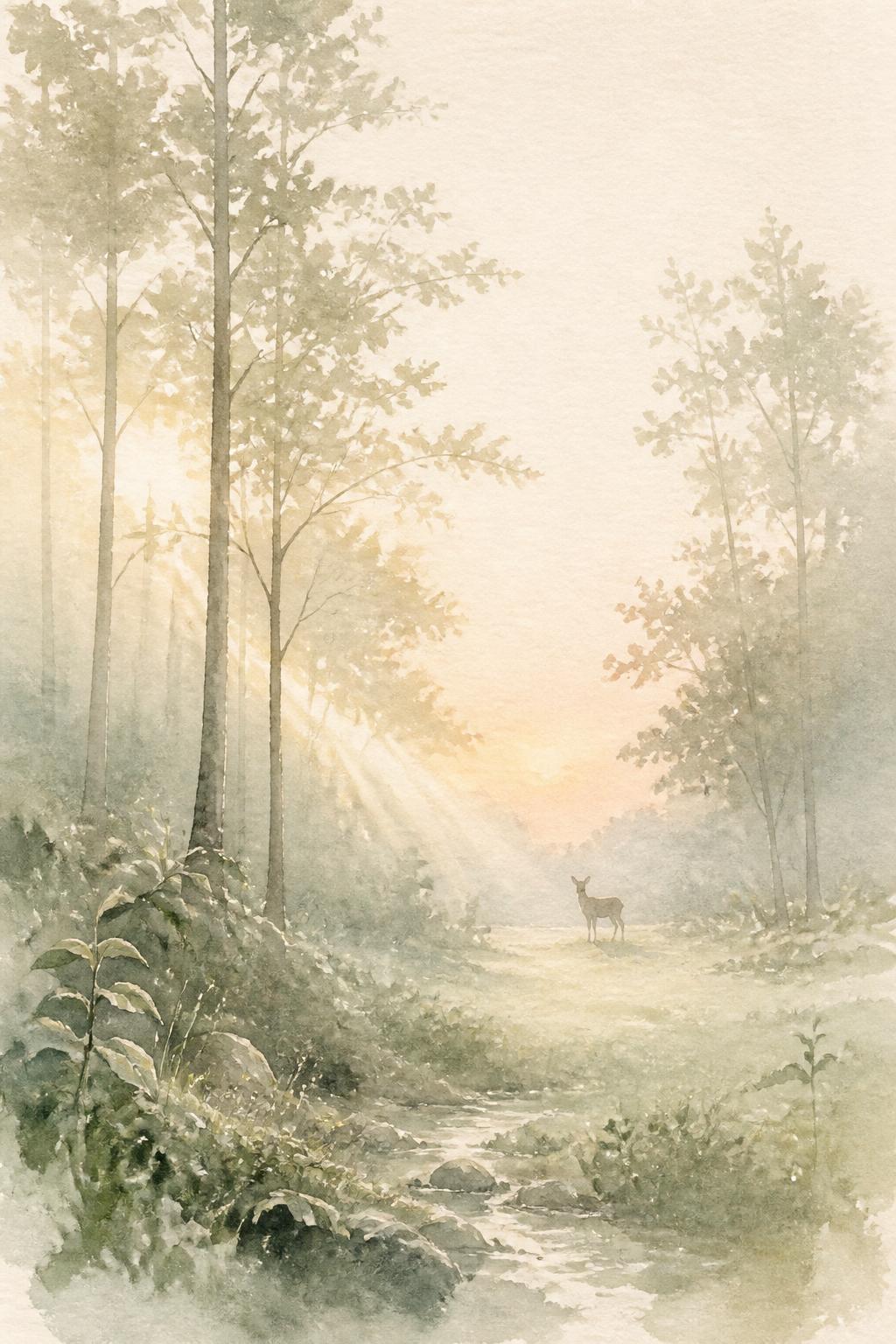 Soft light filtering through a misty forest at dawn